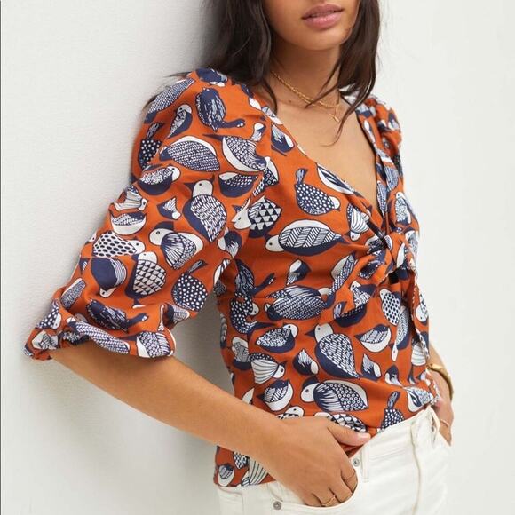 NEW Eva Franco Bird Print Blouse Puff Sleeves Knot front Sweetheart Neck Size 12 - Picture 16 of 16